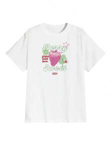 Una camiseta de manga corta para mujer con estilo retro americano, de corte holgado y con diseño estampado (los pantalones son solo para sugerencias de estilo). Esta pieza sencilla y elegante presenta un patrón de letras impresas con temática tropical, lo que la convierte en un elemento imprescindible para crear un look relajado de vacaciones, perfecto para ocasiones como el Día del Trabajo y el Día de la Independencia de México. - Blanco - Ver 2