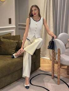 Ajuste casual de vacaciones, conjunto de primavera de ajuste delgado, blusa de verano, blusa elegante blanca para mujer, conjunto de oficina para mujer, cárdigan sin mangas con cuello redondo y ribete blanco y negro, blusa de punto para mujer.Blusas de chaleco para mujer, ropa de trabajo para mujer de oficina - Blanco - Ver 4