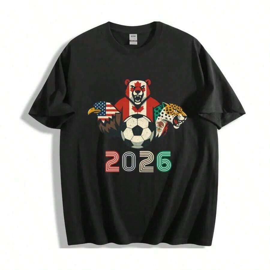 1 pieza [100% Algodón] Camiseta HIPTEE de la marca genérica para el Día del Partido de la Copa Mundial de Fútbol 2026, camiseta con gráfico de trofeo de campeón, camiseta casual de algodón de manga corta para hombres y mujeres, ideal para aficionados al fútbol, ropa para el día del partido, regalos para partidos de fútbol - Ropa diaria unisex para hombres y mujeres, 180g 100% algodón, los patrones están impresos. Unisexo. - Negro - Ver 1