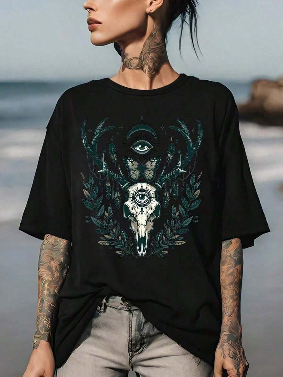 1 Women's Gothic Graphic T-Shirt With Skulls And Deer For Day Of The Dead, Soft And Breathable, Short Sleeve, Perfect For Everyday Wear, Outdoor Activities, Travel And Casual Style, With A Comfortable Fit All Day Long! 180g 100% Cotton, Designs Are Fully Printed. Unisex. - 黑色 - 查看 1