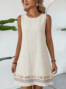 Vestido casual de verano para vacaciones en la playa, de algodón y lino con textura, color albaricoque, sin mangas y corte recto para mujeres - Beis - Ver 5