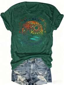 Camiseta con Estampado de Palmera al Atardecer Tropical |   Camiseta con Estampado de Vacaciones en la Playa y Verano |   Mezcla de algodón suave y transpirable, lavable a máquina (unisex, ligero y fresco, sencillo, para adolescentes) - Verde - Ver 1