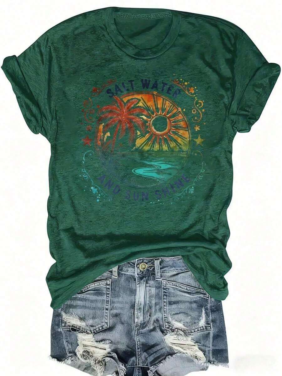 Camiseta con Estampado de Palmera al Atardecer Tropical | Camiseta con Estampado de Vacaciones en la Playa y Verano | Mezcla de algodón suave y transpirable, lavable a máquina (unisex, ligero y fresco, sencillo, para adolescentes) - Verde - Ver 1