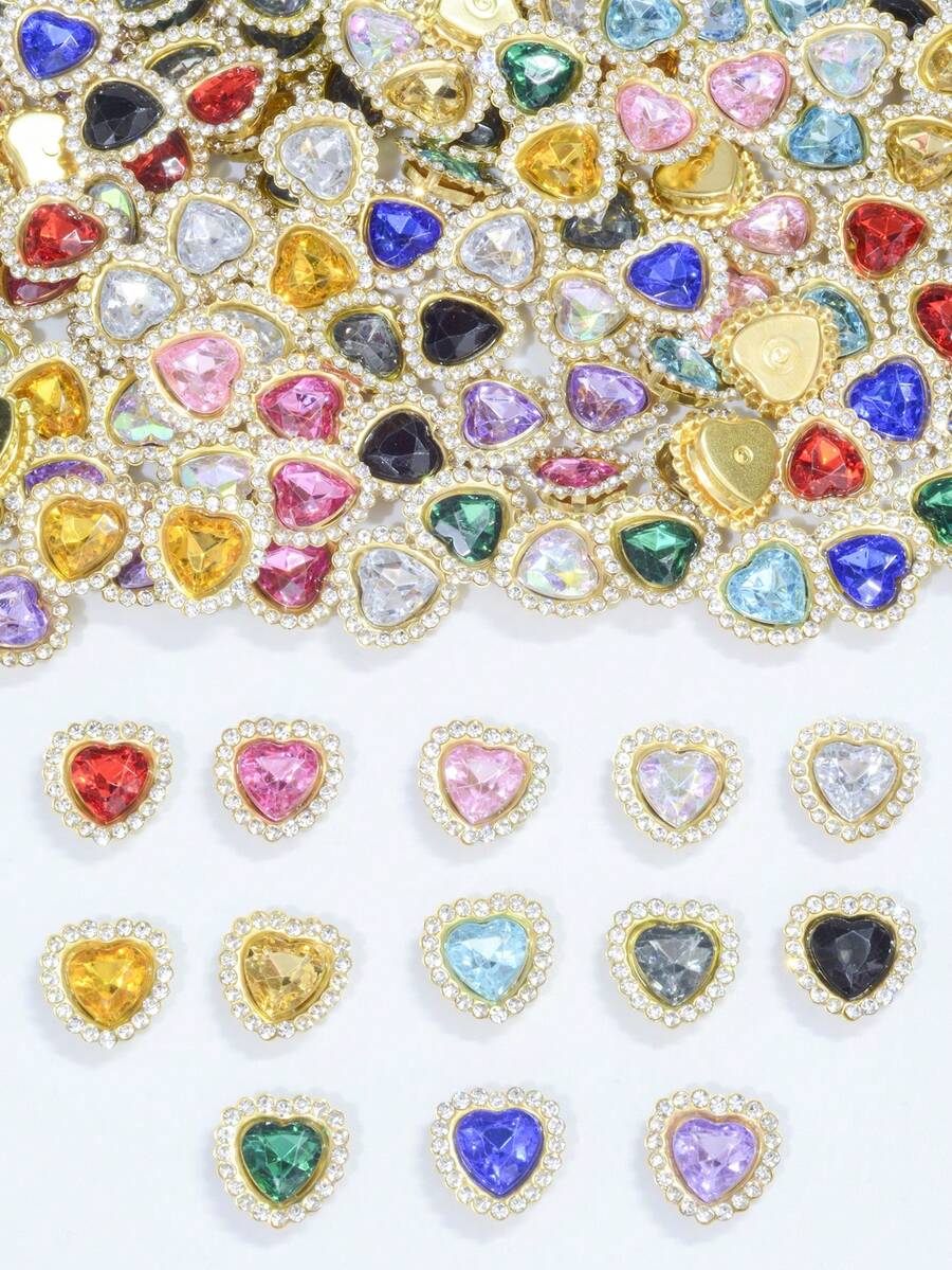 20/35/60/95颗/包 混色心形水钻装饰，金色底，适用于DIY手工艺品，如手机壳、包包、鞋子、服装配饰和珠宝制作