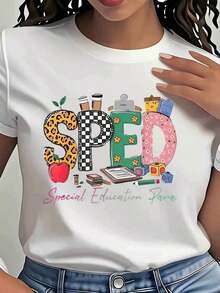 Camiseta SPED de Educación Especial para Maestros y Paraprofesionales – Diseño Educativo Colorido con Manzanas, Bloques y Material Escolar – Regalo Perfecto para Educadores y Personal de Apoyo de Educación Especial, Camiseta de Manga Corta de Algodón Suelto Estilo Vintage Urbano de 220g Unisex con Cuello Redondo, blusas para mujer, playeras de mujer, blusas casuales para dama. - Blanco - Ver 6