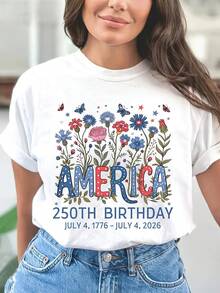 250 camisetas de aniversario de los Estados Unidos, camiseta de manga corta de cuello de tulación de verano blanco de las mujeres, camiseta de manga corta transpirable. Cómodo y Respirable. Adecuado para casa / al e  / s, regalo perfecto para Halloween an Valentín. - Blanco - Ver 2