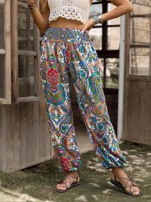 Pantalones jogger con estampado de paisley de cintura fruncido - Multicolor - Ver 5