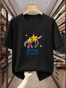 Women's Short-Sleeved Top With A Round Neck In Pure Cotton, Modern Printed Design, Cool And Breathable Fabric, Versatile Garment For Casual Looks, Everyday Occasions And Social Gatherings All Year Round - 黑色 - 查看 8