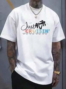 T-Shirt With Tropical Palm Tree And Cruise Ship Print - Breathable, 100% Cotton, Loose Crew Neck, Moisture Wicking, Summer Beach Vacation T-Shirt, Cruise Ship Design Print, Machine Washable, Casual Short Sleeve T-Shirt (White With Tropical Print) - Suitable For Cruise Outfits And Everyday Wear - 白色的 - 查看 1