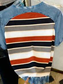 Camiseta casual de mujer de cuello redondo y manga corta con estampado de letras y rayas - Multicolor 9 - Ver 2