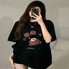 Women's Oversized Teddy Bear Print Cotton T-Shirt Casual Short Sleeve Round Neck Top - Negro - Ver 1