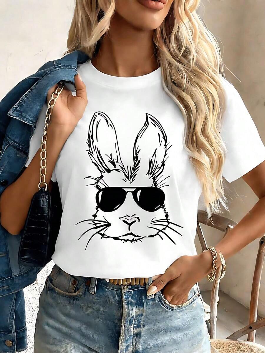 1 camiseta gráfica con diseño de conejo divertido con gafas de sol, 100% algodón, cuello redondo, corte relajado, cómoda, estampado gráfico único, 180g 100% algodón, todos los diseños están impresos. Unisexo. - Blanco - Ver 1
