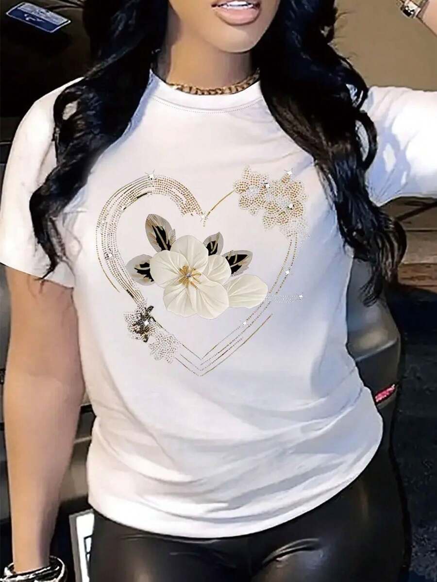 Women's Short-Sleeved Cotton T-Shirt With Graphic Print, Casual Short-Sleeved Top With Round Neck And Hearts And Flowers Design, Machine Washable, Regular Fit, Spring/Summer T-Shirt For Women. - 白色 - 查看 1