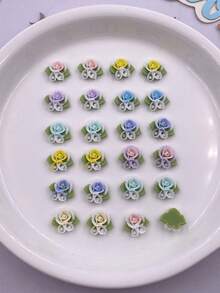 30个混合树脂可爱迷你彩色三叶玫瑰平底花朵摆件艺术DIY婚礼服装剪贴簿珠宝工艺配件 - 彩色 - 查看 5