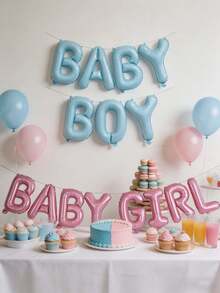 1 Set de decoraciones para baby shower que incluye pancarta de globos de papel de aluminio, corona floral de fondo, perfecta para fiesta infantil, anuncio de embarazo dulce y elegante, regalo para nuevos padres y madres embarazadas, decoración de pared metálica brillante en rosa y azul, decoraciones para celebración de recién nacido y revelación de género - Multicolor - Ver 7