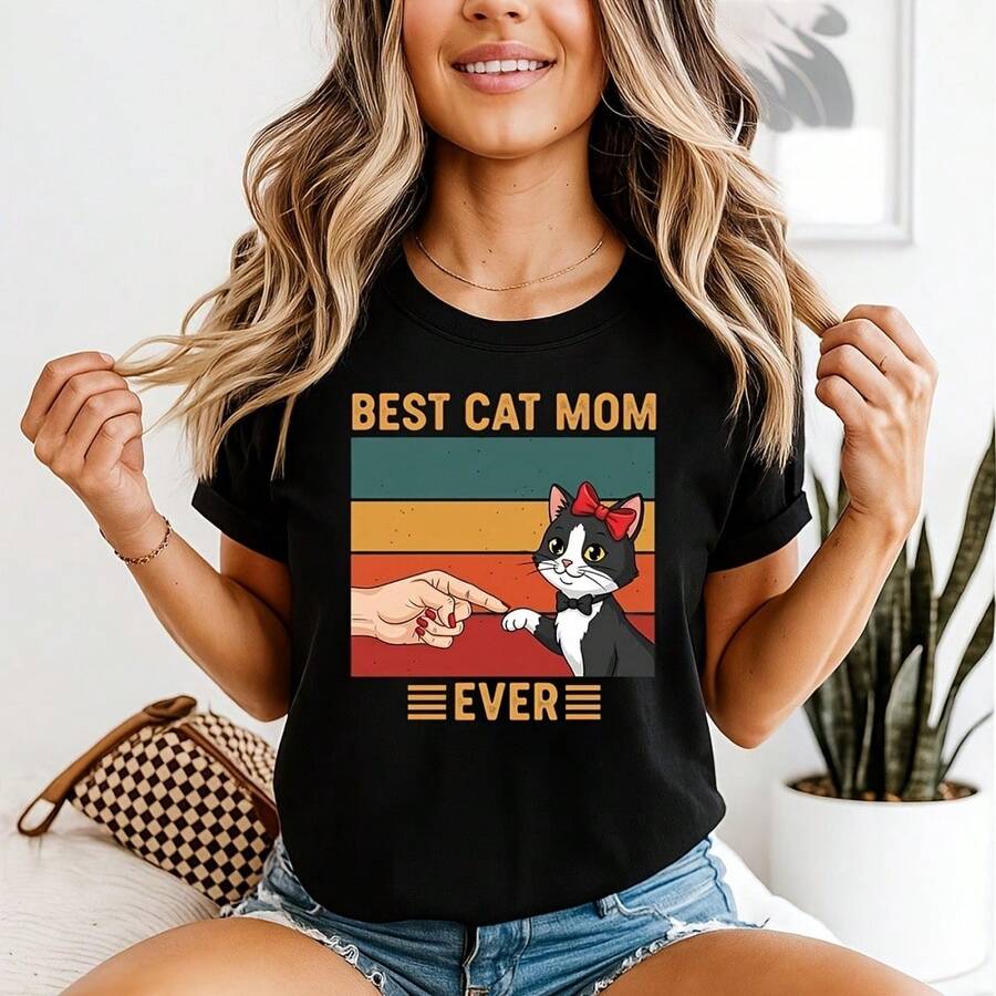 Cat Mom Ever Womens T-Shirt Cat Lovers Animals Ladies Tee - 黑色 - 查看 1