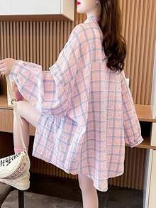 Camisa ligera de manga larga a cuadros rosas de ajuste holgado y casual para protección solar para mujeres, verano - Rosa - Ver 2