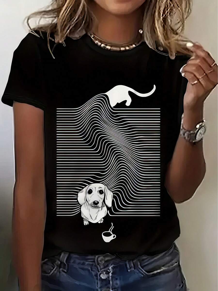 Graphic Print T-Shirt - Dog And Cat With Coffee Cup Design, Short Sleeve, Crew Neck, Casual Style, Breathable For Summer And Spring, Machine Washable, Women's T-Shirts, Weekend Wear, Fun Style, Lightweight T-Shirt, Printed T-Shirt, For Pet Lovers, Y2K Style - 黑色 - 查看 1