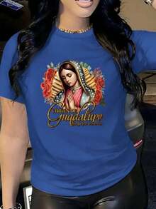 GiftT-Shirt Women's Graphic T-Shirt Short Sleeve Round Neck Basic Comfortable Cool Lightweight Mexican Print Virgin Of Guadalupe Mexico Roses Flower Floral Phrase Pray For Us Soft - 藍色的 - 查看 5