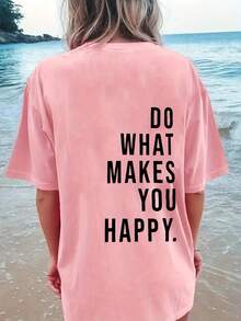 Women's Casual Short Sleeve Crew Neck T-Shirt With "DO WHAT MAKES YOU HAPPY" Slogan Print, Drop Shoulders, Relaxed Fit, Medium Elasticity Breathable Fabric, Machine Washable, Spring Summer Top, Cute T-Shirts, Casual Outfit, Fun Design T-Shirt, Medium Elasticity Fabric, Y2k T-Shirt. - 白色 - 查看 5