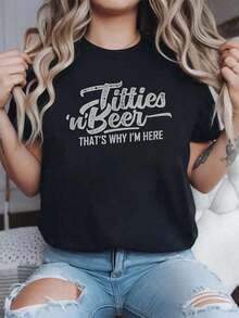 100% Cotton And Beer Why Am I Here, Funny Beer Lover T-Shirt, Crew Neck Printed T-Shirts, Graphic Tees For Women, Casual Short Sleeve T-Shirt For Spring And Summer, Women's Clothing, Summer Clothes - 黑色 - 查看 7