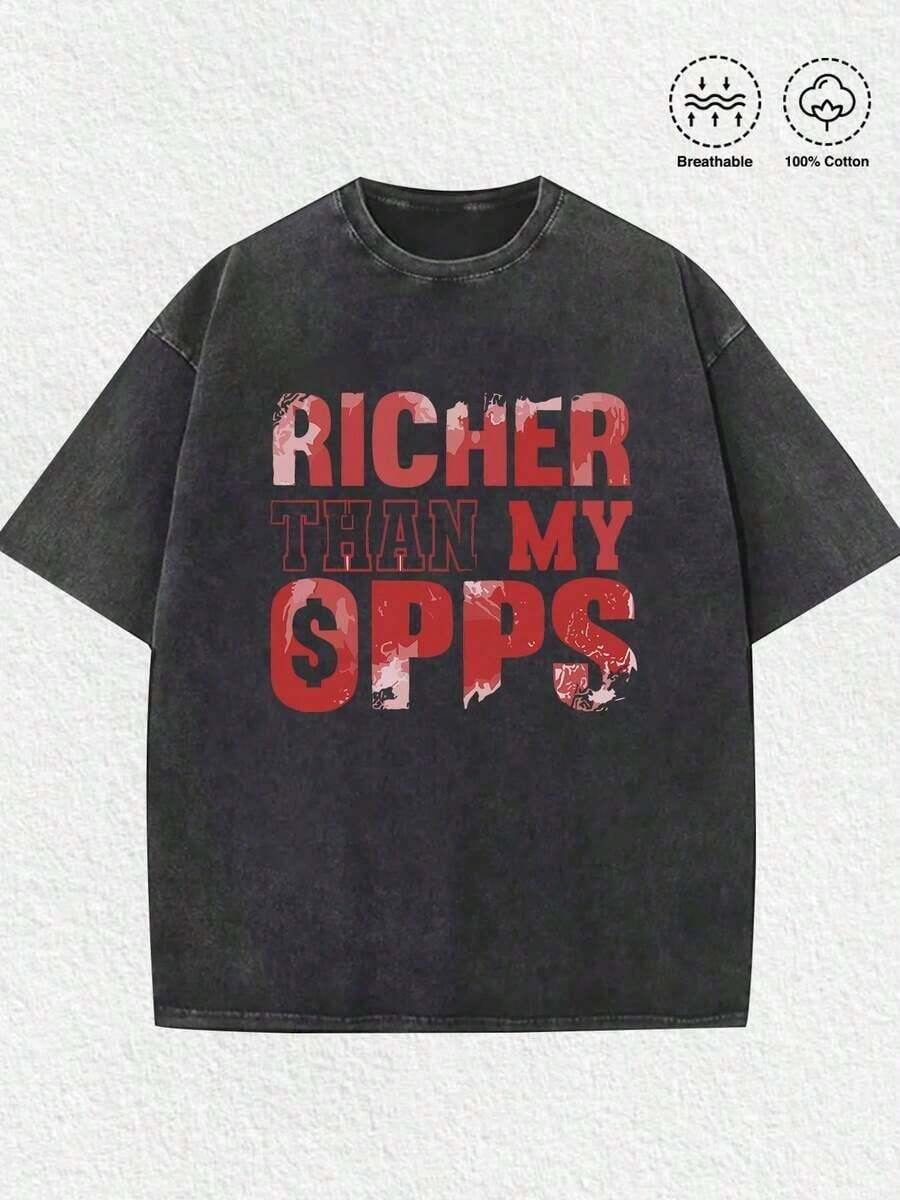 1 Piece Of Women's T-Shirt, "Richer Than My Competitors" (1 Piece), 100% Cotton, Casual Printed T-Shirt, Round Neck, Short Sleeve, Cotton T-Shirt, For Gift, Summer, Unisex, 180g 100% Cotton, All Designs Are Printed. Unisex. - 黑色 2 - 查看 1