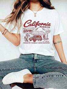 Women's Y2K Style Summer Top, Cute And Fun. Celebrating Retro California Surf Style, Mexican Taco Cuisine, And Retro American Road Trips. Women's T-Shirt With Cartoon Letter Print, Suitable For Various Occasions, Such As A Gift For Festivals, Birthdays, Music Festivals, Mother's Day, Easter, Graduation Season. Casual And Versatile, Comfortable, Perfect For Beach Vacations, Simple And Fashionable, Suitable For Everyday Wear For Women And Girls. Women's Summer Outfits - 白色 - 查看 2