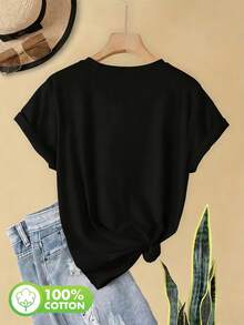 Short-Sleeved T-Shirt With Lemon And Citrus Prints, A Stylish And Casual Top For Women In Spring And Summer. - Black - View 2