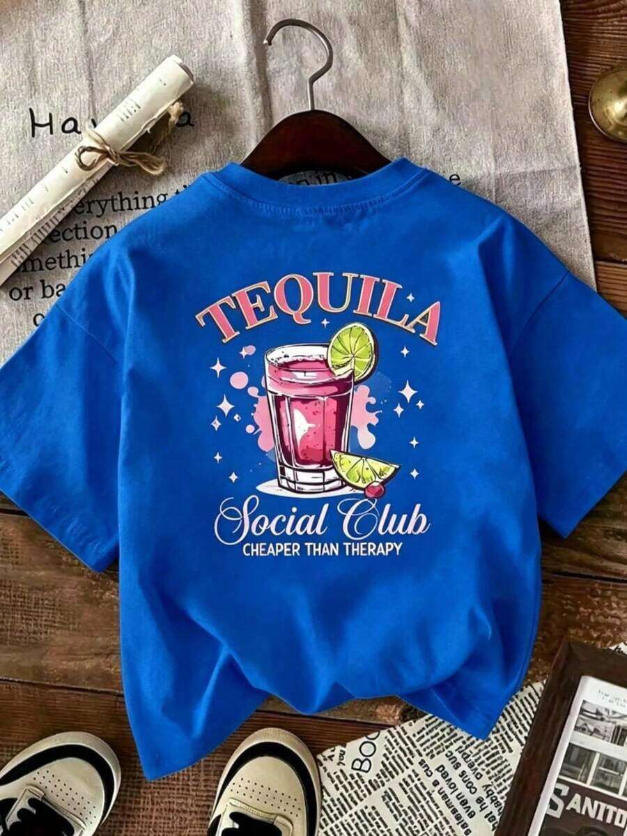 Women's Short-Sleeve Cotton T-Shirt, 1 Pc. Women's Tequila Graphic T-Shirt, Pink And Green Drinks Print, Stretchy Poly 180g, Round Neck, 100% Cotton, Soft Fabric, Short Sleeves - 藍色的 - 查看 1