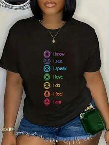 Camiseta suave 100% algodón para mujer con símbolos de los siete chakras y afirmaciones - Superficie brillante, cuello redondo, manga corta, adecuada para meditación, práctica espiritual, eventos casuales y especiales - Lavable a máquina y apta para limpieza en seco - Camiseta de algodón transpirable y cómoda para primavera y verano, combina con todo. - Negro - Ver 6