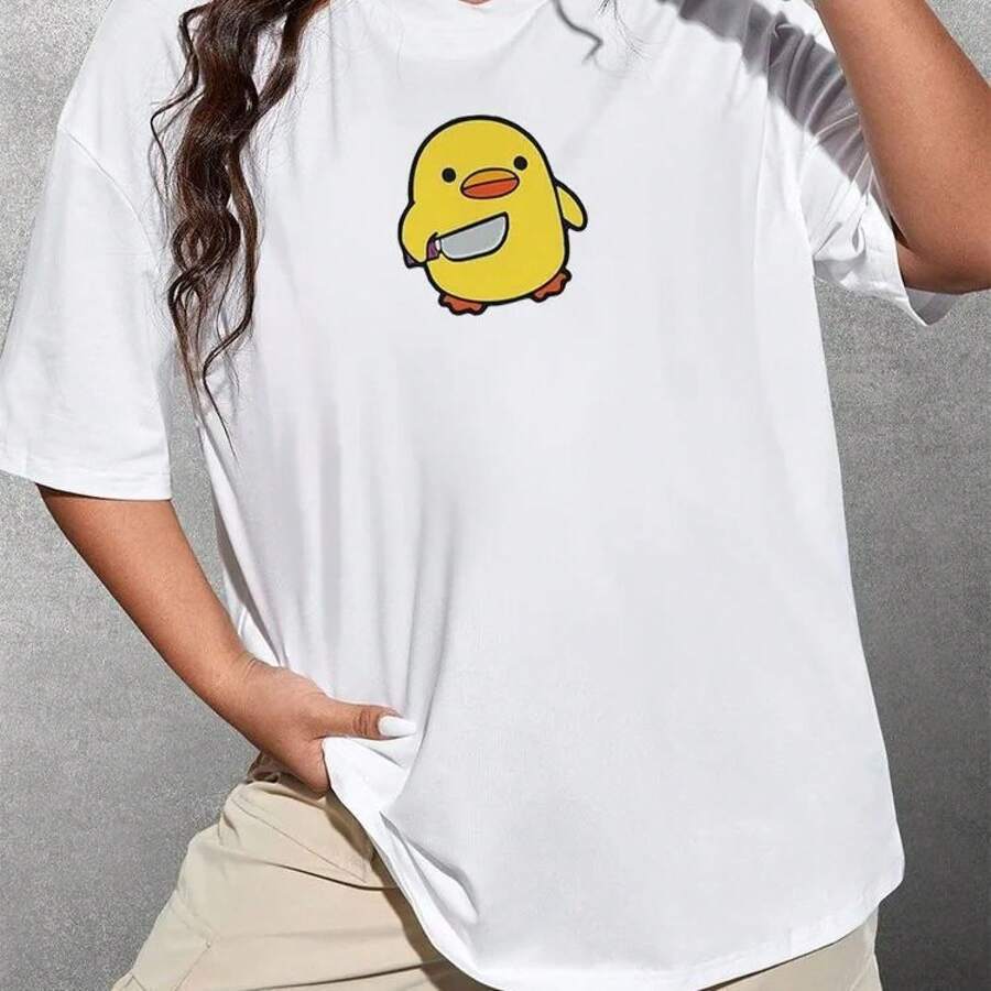 Camiseta holgada de verano con estampado divertido de pollitos al estilo americano, de manga corta, estilo europeo y americano, que rejuvenece y estiliza la figura. - Camisa blanca de manga corta - Ver 1