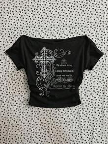 Camiseta de manga corta ajustada con hombros descubiertos y pliegues en la cintura, con estampado de limón, adecuada para el verano - Negro - Ver 5
