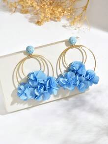 1 Pair Exaggerated Unique Blue Chiffon Flower Tassel Hoop Earrings, Handmade Summer Vacation Style Personalized Fashion Elegant Faux Fabric Flower Earrings Suitable For Women's Daily, Ball, Party And Music Festival Wear - Blue - View 4