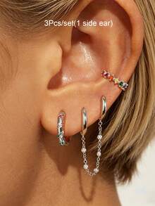 3 Stücke/Set Ohrringe für Frauen, vergoldet mit mehrfarbigem Zirkonia, Ohrmanschette mit Kette, doppelter Creolen-Ohrringe, Stapel-Ohrringe, Damen Schmuck Accessoires für den täglichen Gebrauch - 3 Teile/Satz (1 Seitenohr) - Übersicht 11