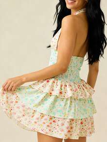 Womens Floral Mini Dress Summer Halter Backless Preppy Smocked Waist Short Ruffle Dress Picnic Beach - 彩色 - 查看 3