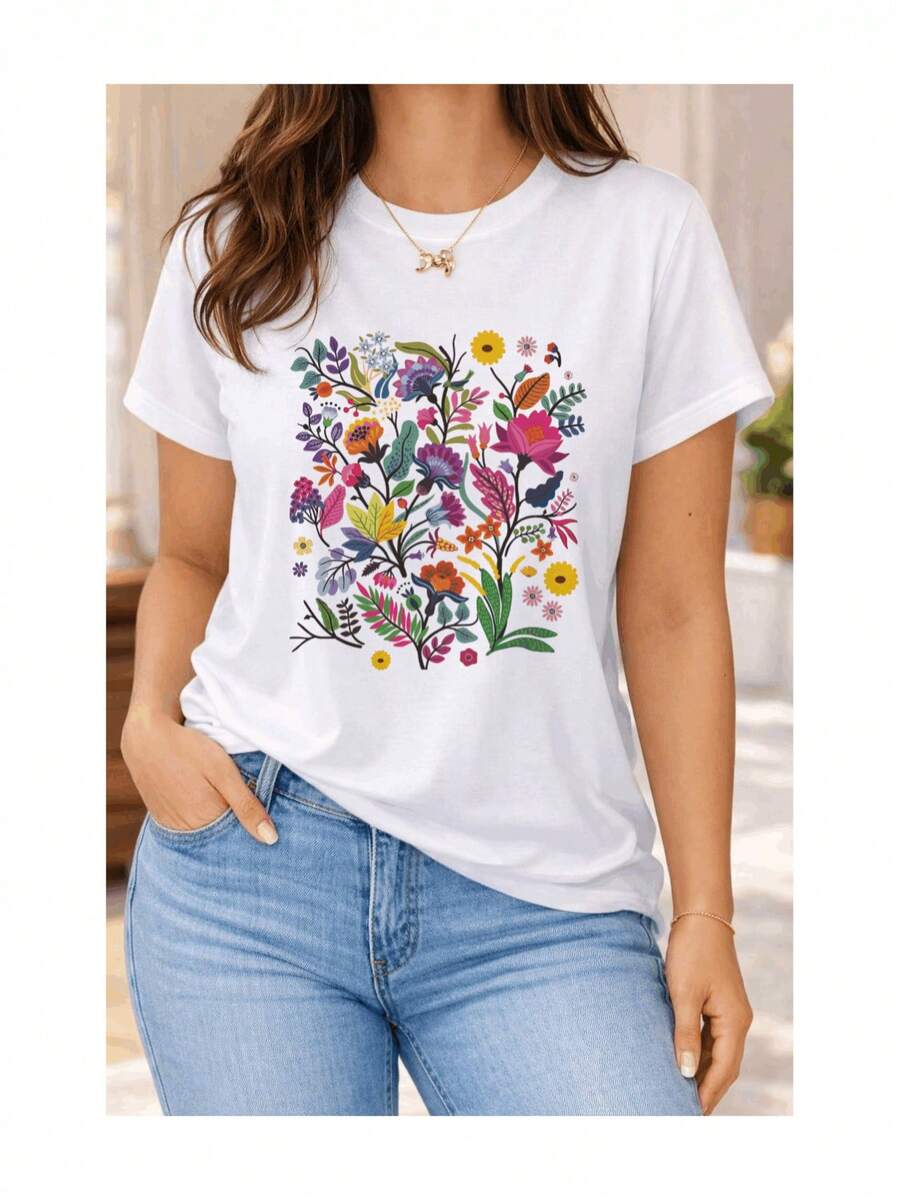 Soft 100% Cotton Women's Short-Sleeved T-Shirt With Multicolored Garden Floral Print, Botanical Wildflowers, Exotic Foliage, Casual Style, Breathable, Goes With Everything, Great. - 白色 - 查看 1