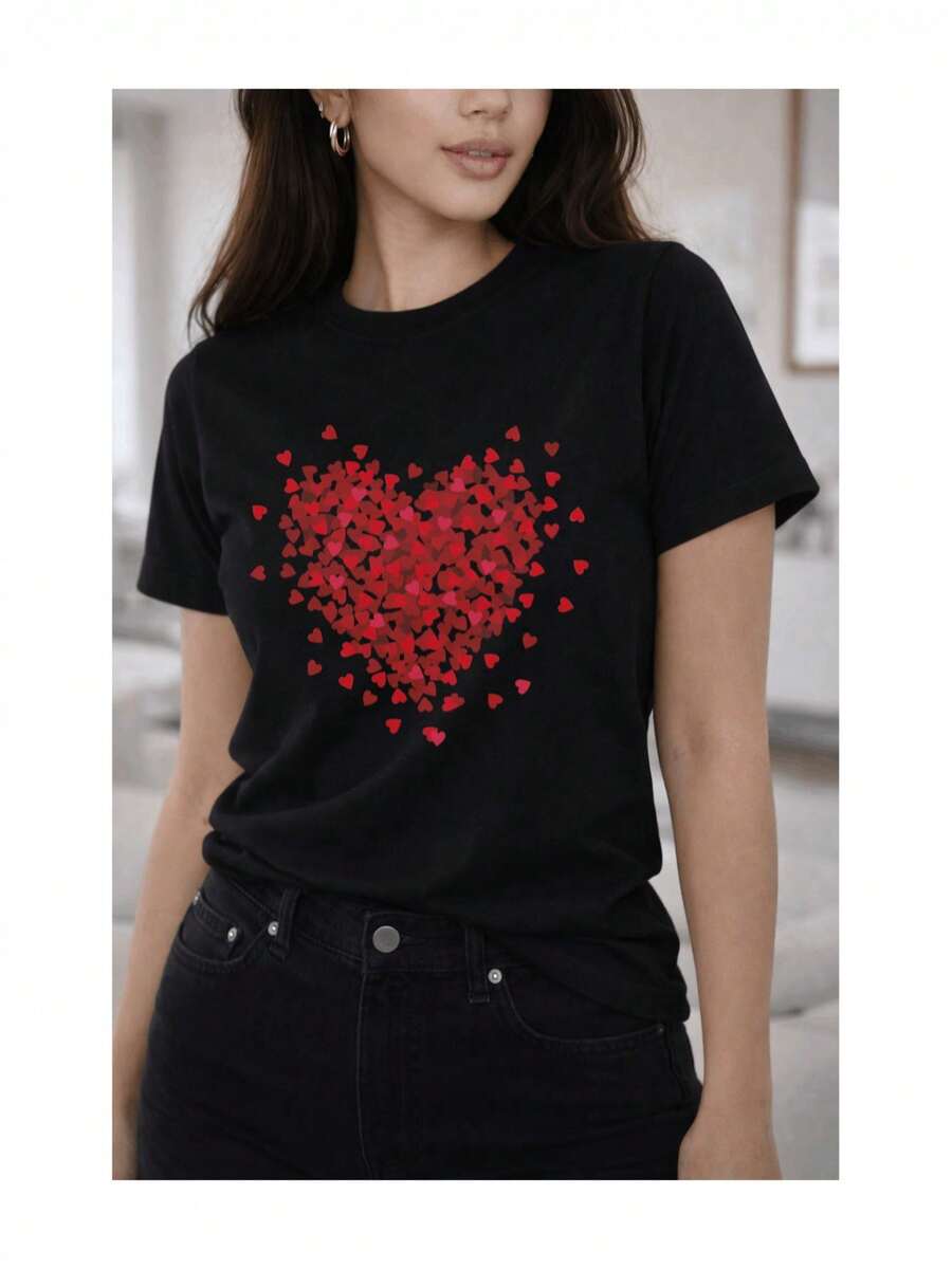 Soft 100% Cotton T-Shirt, Short Sleeve, Heart Mosaic Sleeve Print, Romantic Casual Style, Micro Hearts, Breathable Cotton T-Shirt, Goes With Everything, Great. - 黑色 - 查看 1
