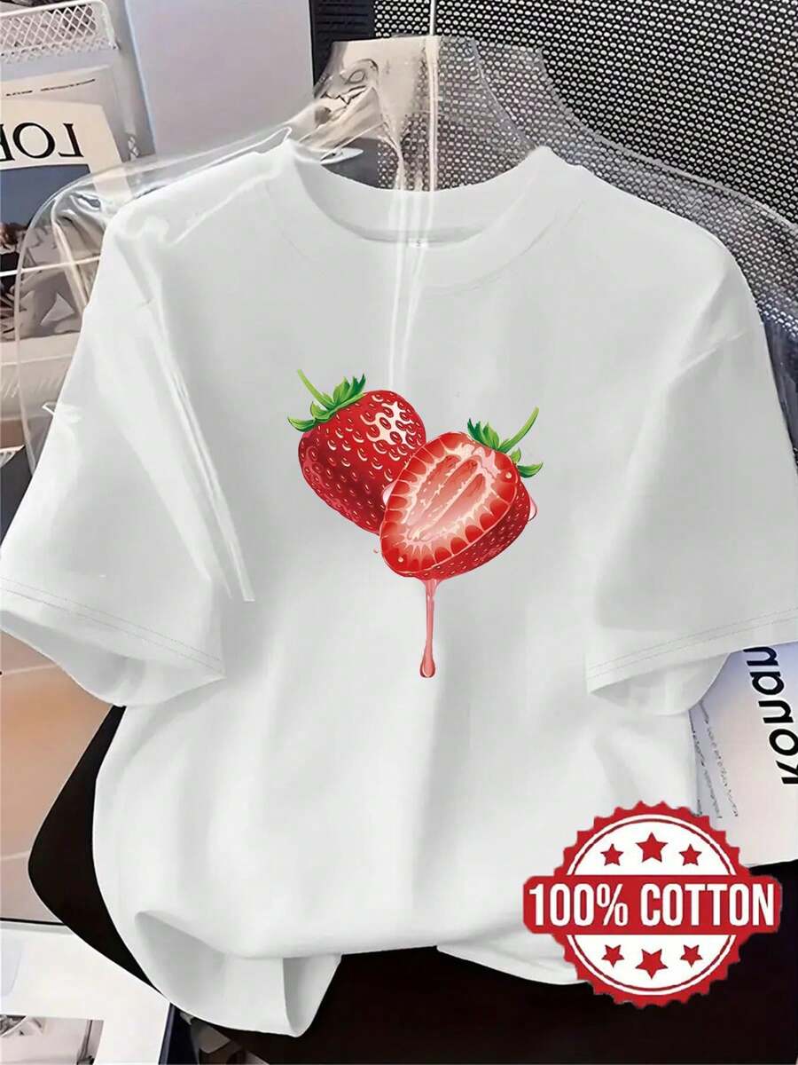 TH430 Nueva Camiseta para Mujer, Diseño Estampado de Fresas, Camiseta Casual a la Moda, 100% Cuello Redondo y Manga Corta, Absorbente de Sudor y Transpirable, Ropa Casual Cómoda y Elegante para el Hogar, Camiseta Versátil de Manga Corta de Algodón Cómoda para Primavera, Verano y Otoño. - Blanco - Ver 1