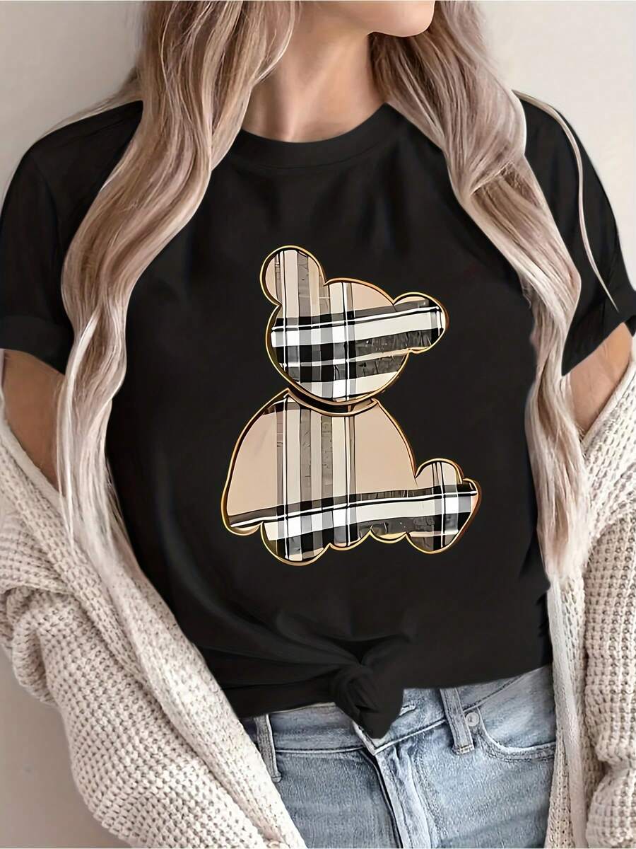 Camiseta, Camiseta de manga corta para mujer, Estampado moderno, Suave y cómoda, Refrescante y sencilla, Top a la moda. - Negro - Ver 1
