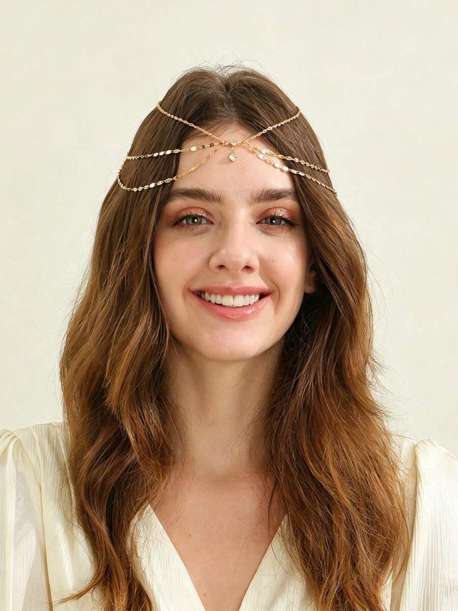 Accesorio de cabello para fiesta de graduación con estilo retro, cadena de cabello con colgante para la frente, cadena de cabeza con múltiples capas de strass y borlas - Multicolor - Ver 1