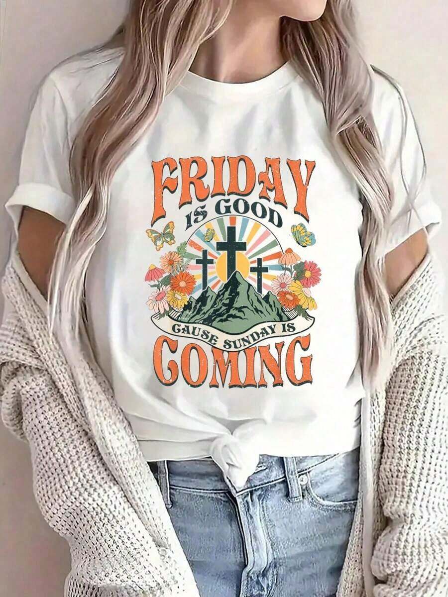 Camiseta con estampado de Jesús de Pascua, "Viernes es bueno, el domingo viene", cuello redondo, para verano, top suave de manga corta para mujer, camiseta elegante y cómoda para mujer, camisetas gráficas para verano. - Blanco - Ver 1