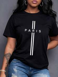 A Sophisticated Graphic Featuring The Word PARIS And Elegant Vertical Lines Crossing It Represents The Heart Of French Fashion And Culture. Women's 100% Cotton T-Shirt, Comfortable, Urban, Casual, Versatile, Cool For Summer, Maija Curvy Women. - 黑色 - 查看 7
