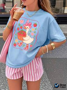 Camiseta de mujer Y2K personalizada y a la moda, 180g de algodón puro, top holgado de manga corta, elegancia de estilo urbano, casual y transpirable para uso diario, conjunto de verano con estampado creativo, regalo para deportes al aire libre. Diseño femenino y lindo con patito rosa sosteniendo una canasta de fresas con motivos florales y de fresas, adecuada para usar en primavera y verano. - Blanco - Ver 10