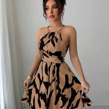 Vestido de mujer elegante de cuello halter sin mangas con estampado en negro y blanco - Azul marino - Ver 5
