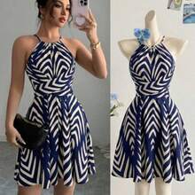 Vestido de mujer elegante de cuello halter sin mangas con estampado en negro y blanco - Azul marino - Ver 1