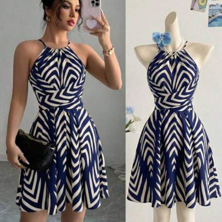 Vestido de mujer elegante de cuello halter sin mangas con estampado en negro y blanco - Azul marino - Ver 1