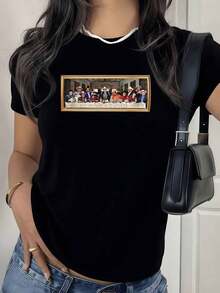 Under The RadarEstampa que representa reinterpretación humorística de la última cena con personajes contemporáneos en colores vivos camiseta para mujer 100% algodón-Vintage Street Style Unisex Loose Cotton Short Sleeve Crew Neck T-Shirt - Negro - Ver 1