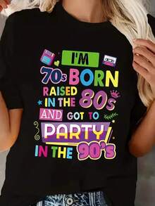 Women's Retro Graphic Tee - Born In The 70s, Grown Up In The 80s, Grown Up In The 90s, Colorful Letter Print, Crew Neck, Short Sleeve, Vintage Inspired Casual Tee, Vintage Tees - 黑色 - 查看 6