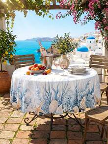 1 Pack Coastal Ocean & Seashell Printed Tablecloth, Blue Coral Starfish Pattern Polyester Table Cover, Nautical Beach Style Round/Oval Tablecloth, Scalloped Edge Wrinkle Resistant Waterproof Anti-Stain Table Protector, Reusable Dustproof Heat Resistant Outdoor Table Sheet - Multicolor - View 9