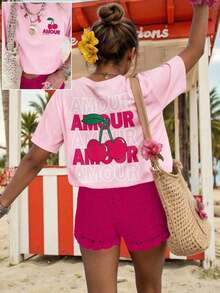 Camiseta casual de manga corta con cuello redondo y estampado de letras y cerezas para mujeres de talla grande. - Blanco - Ver 5